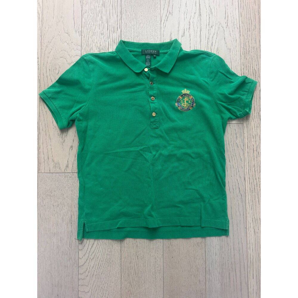 Lauren Ralph Lauren Green Crest Polo Shirt Women’s M 100% Cotton Gold Buttons